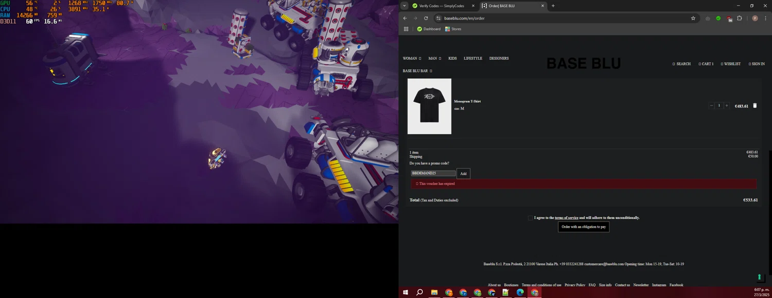 Base Blu Italy promo code screenshot showing code BBDEMAND25 applied at Base Blu Italy checkout page. Uploaded by SimplyCodes community member PrimeTiger1163 on Mar 27, 2025