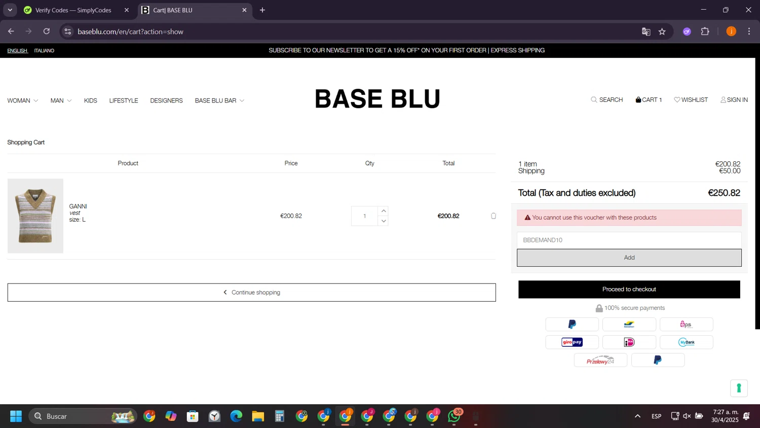 Base Blu Italy promo code screenshot showing code BBDEMAND10 applied at Base Blu Italy checkout page. Uploaded by SimplyCodes community member SilverSentinel5952 on Apr 30, 2025