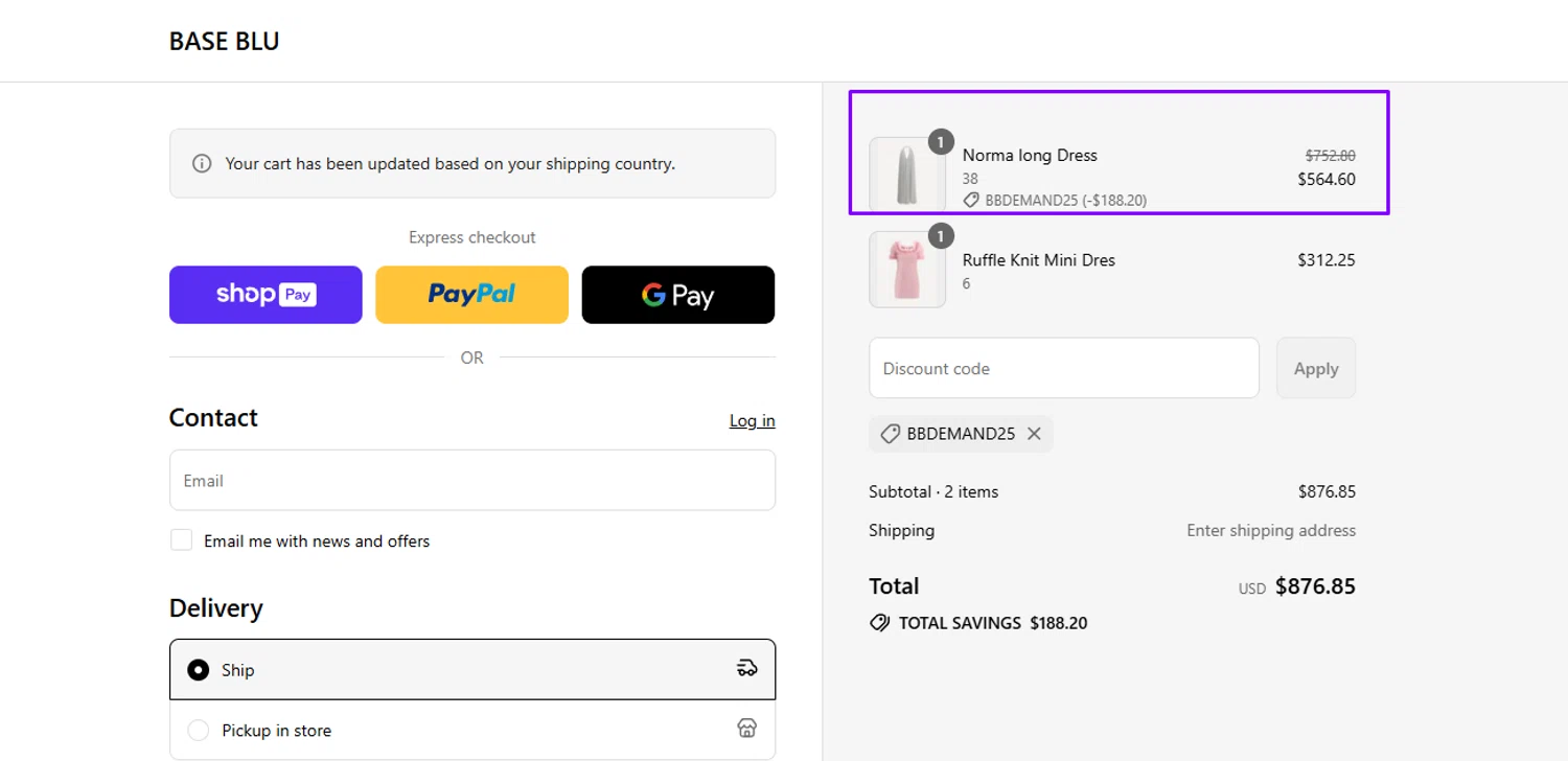 Base Blu Italy promo code screenshot showing code BBDEMAND25 applied at Base Blu Italy checkout page. Uploaded by SimplyCodes community member Swiftdealz on Jul 4, 2025
