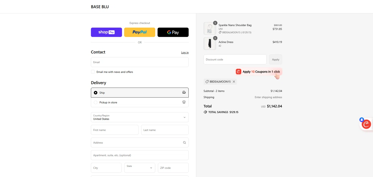 Base Blu Italy promo code screenshot showing code BBDEALMOON15 applied at Base Blu Italy checkout page. Uploaded by SimplyCodes community member ivantorres on Jul 1, 2025