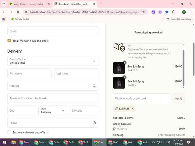 Based Bodyworks checkout page showing Based Bodyworks discount code box | Screenshot taken by SimplyCodes community member on Sep 12, 2025