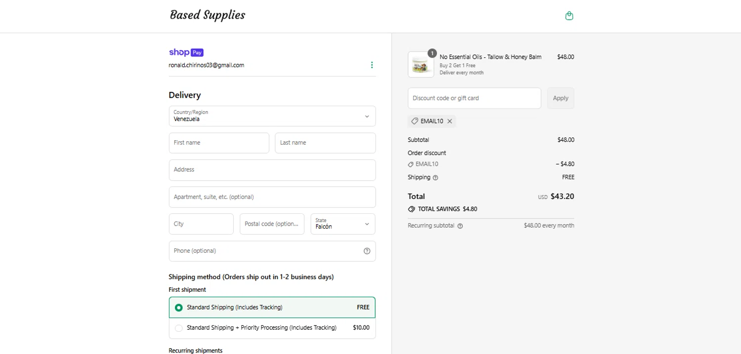 Based Supplies discount code screenshot showing code EMAIL10 applied at Based Supplies checkout page. Uploaded by SimplyCodes community member CodeExpert7814 on Jul 6, 2025