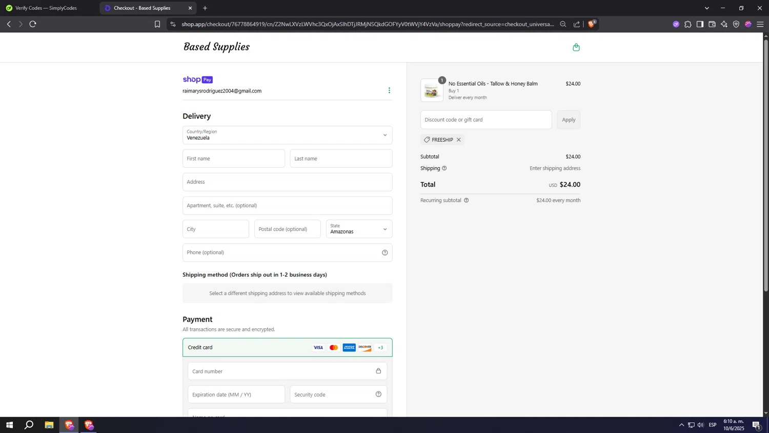 Based Supplies discount code screenshot showing code FREESHIP applied at Based Supplies checkout page. Uploaded by SimplyCodes community member Machi005 on Jun 10, 2025