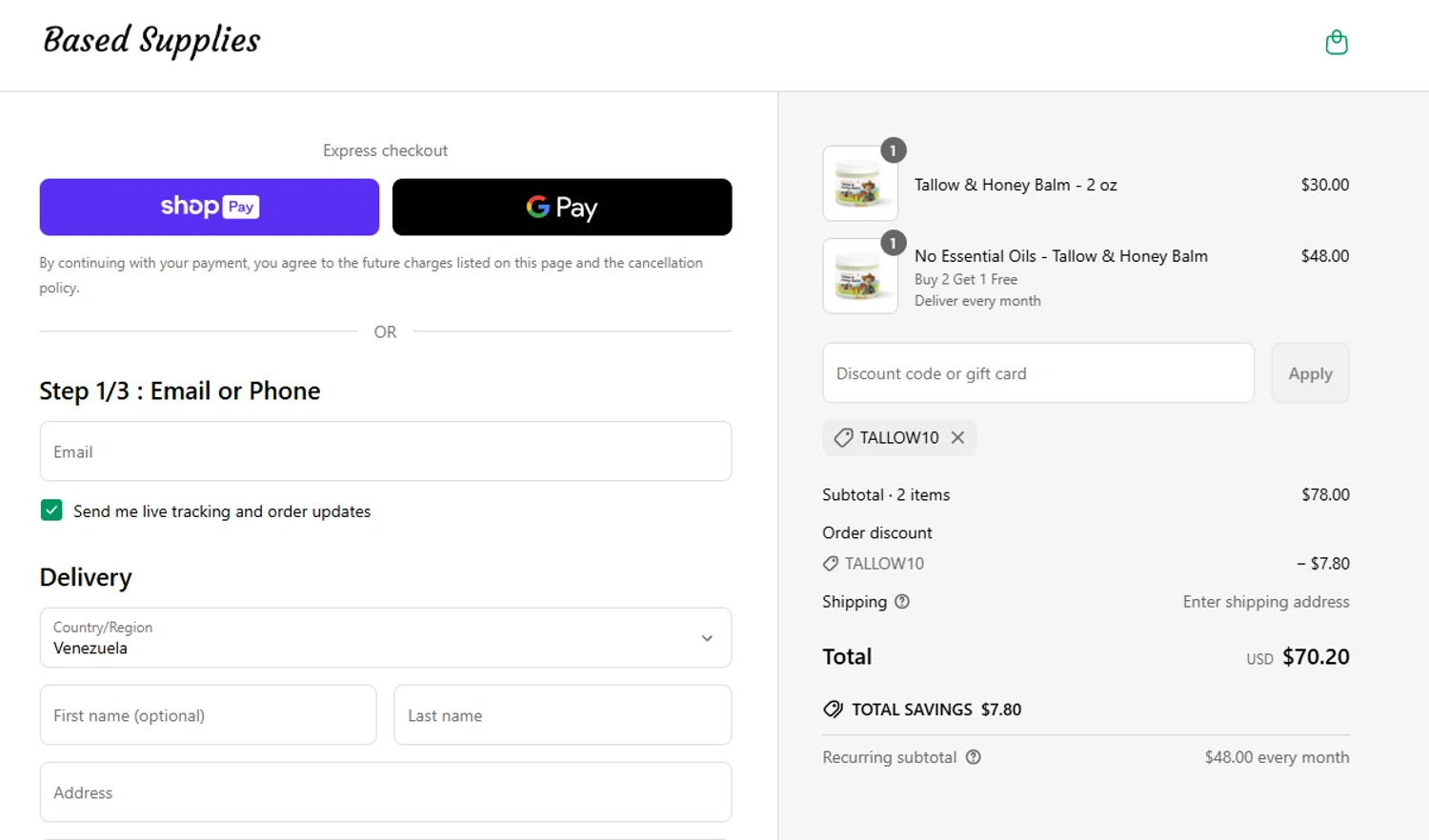 Based Supplies discount code screenshot showing code TALLOW10 applied at Based Supplies checkout page. Uploaded by SimplyCodes community member aumentadax10 on May 17, 2025