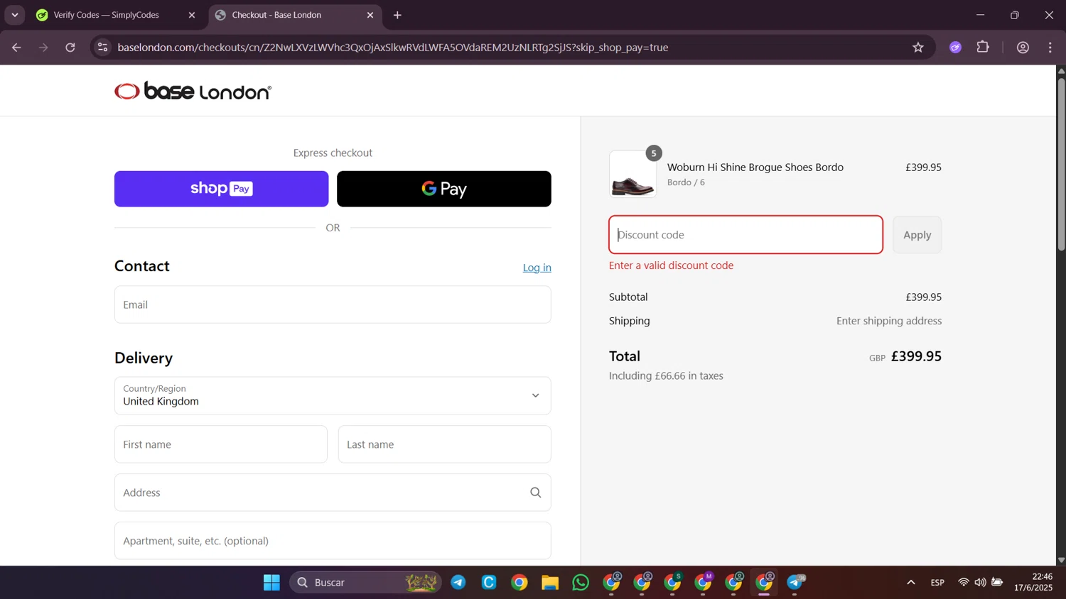 Base London promo code screenshot showing code STUDENT15TT applied at Base London checkout page. Uploaded by SimplyCodes community member SilverWhiz4145 on Jun 18, 2025