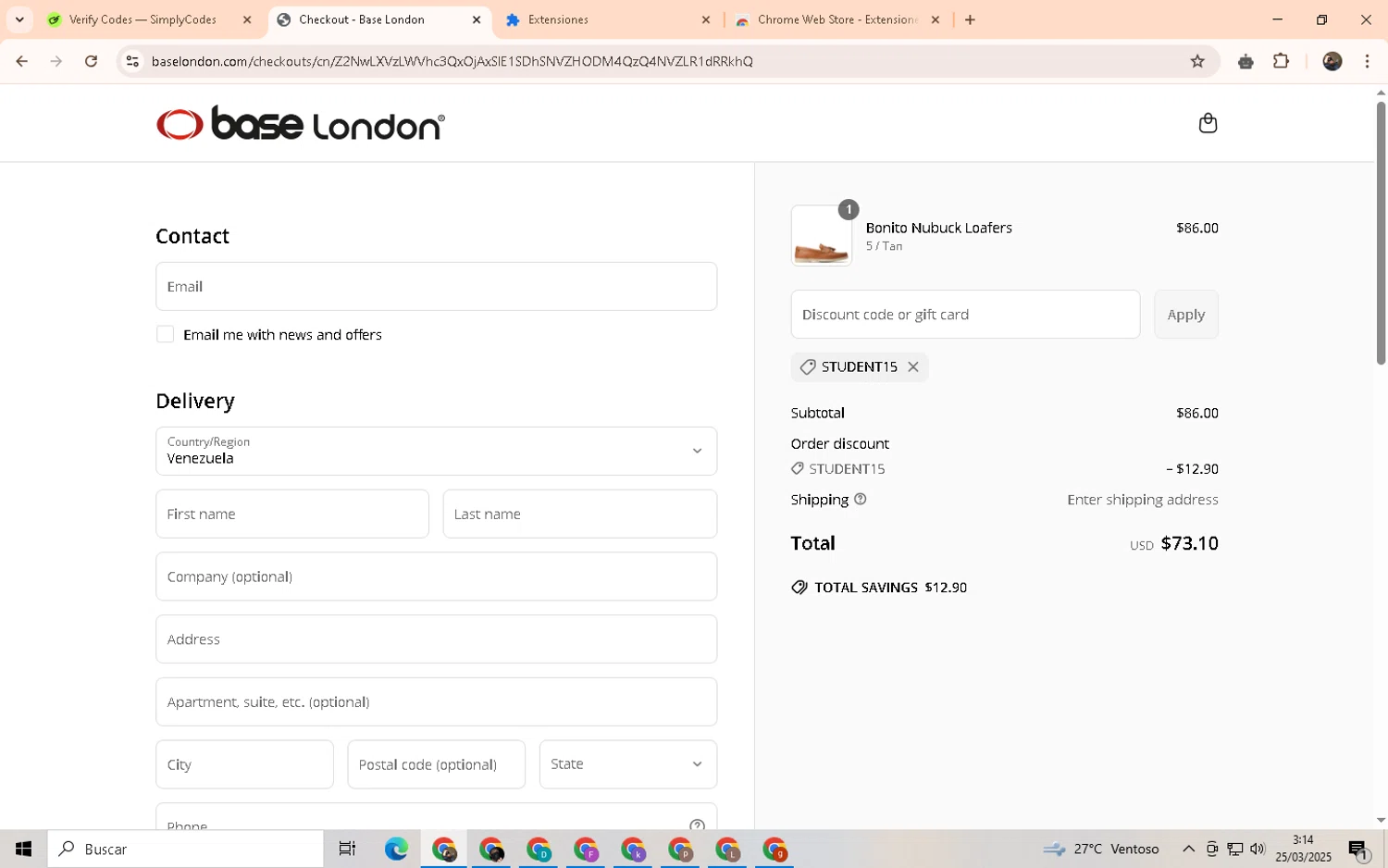 Base London promo code screenshot showing code STUDENT15 applied at Base London checkout page. Uploaded by SimplyCodes community member LegendaryWarden2503 on Mar 25, 2025