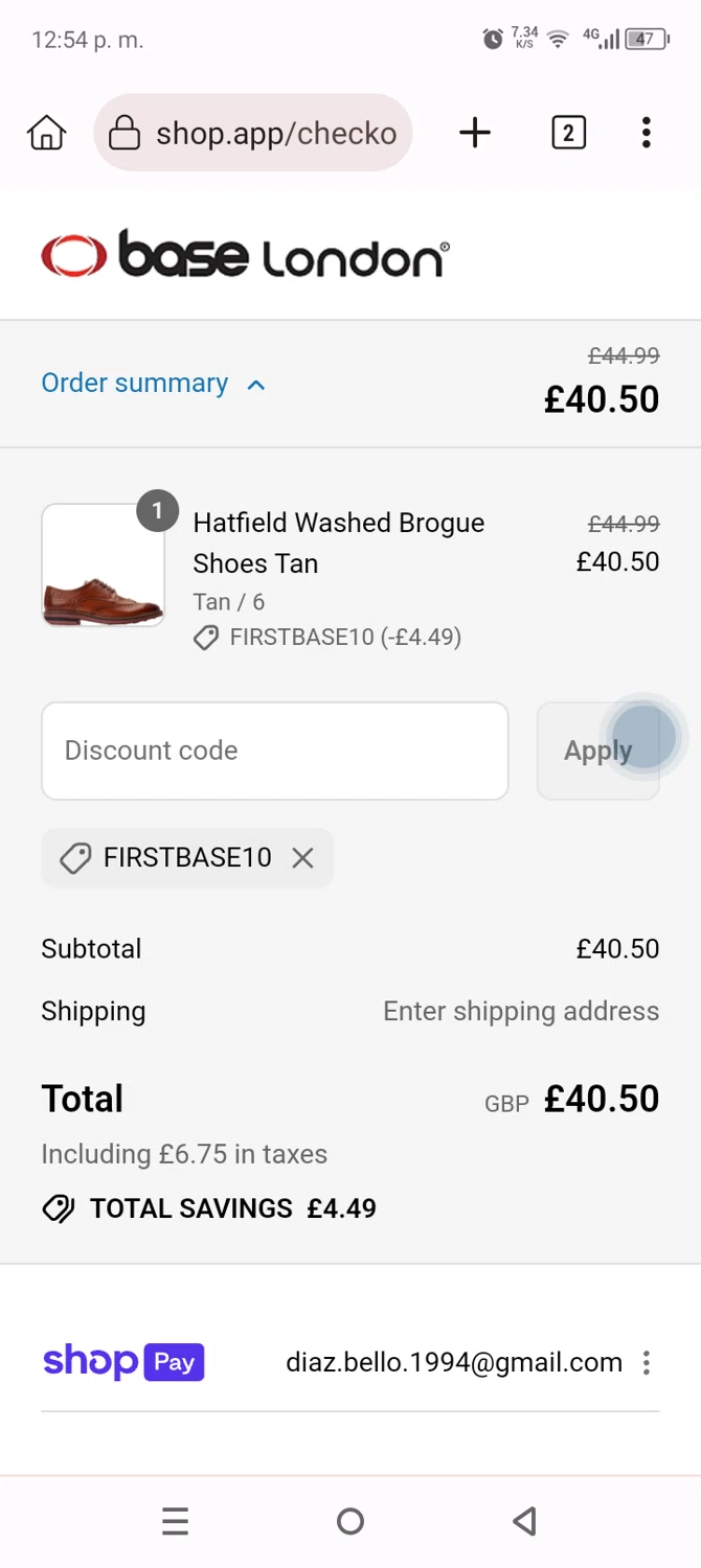 Base London promo code screenshot showing code FIRSTBASE10 applied at Base London checkout page. Uploaded by SimplyCodes community member Anthony_Diaz on Jul 30, 2025