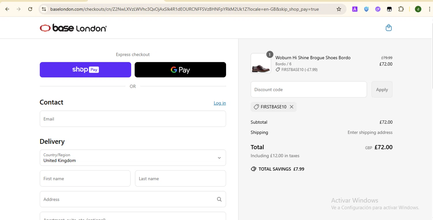 Base London promo code screenshot showing code FIRSTBASE10 applied at Base London checkout page. Uploaded by SimplyCodes community member SmartTitan8055 on Jun 21, 2025