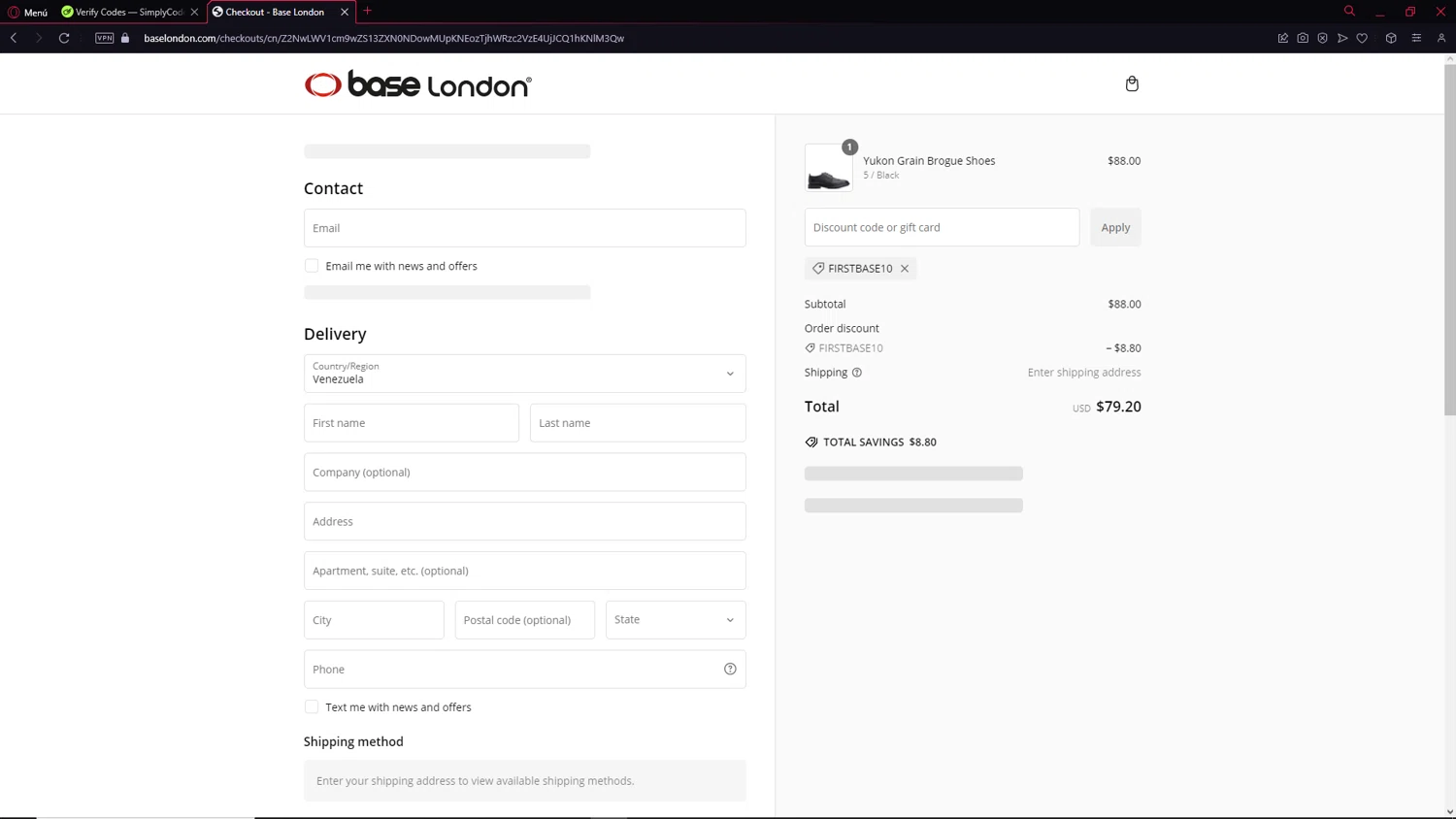 Base London promo code screenshot showing code FIRSTBASE10 applied at Base London checkout page. Uploaded by SimplyCodes community member NobleCollector3799 on Jan 21, 2025