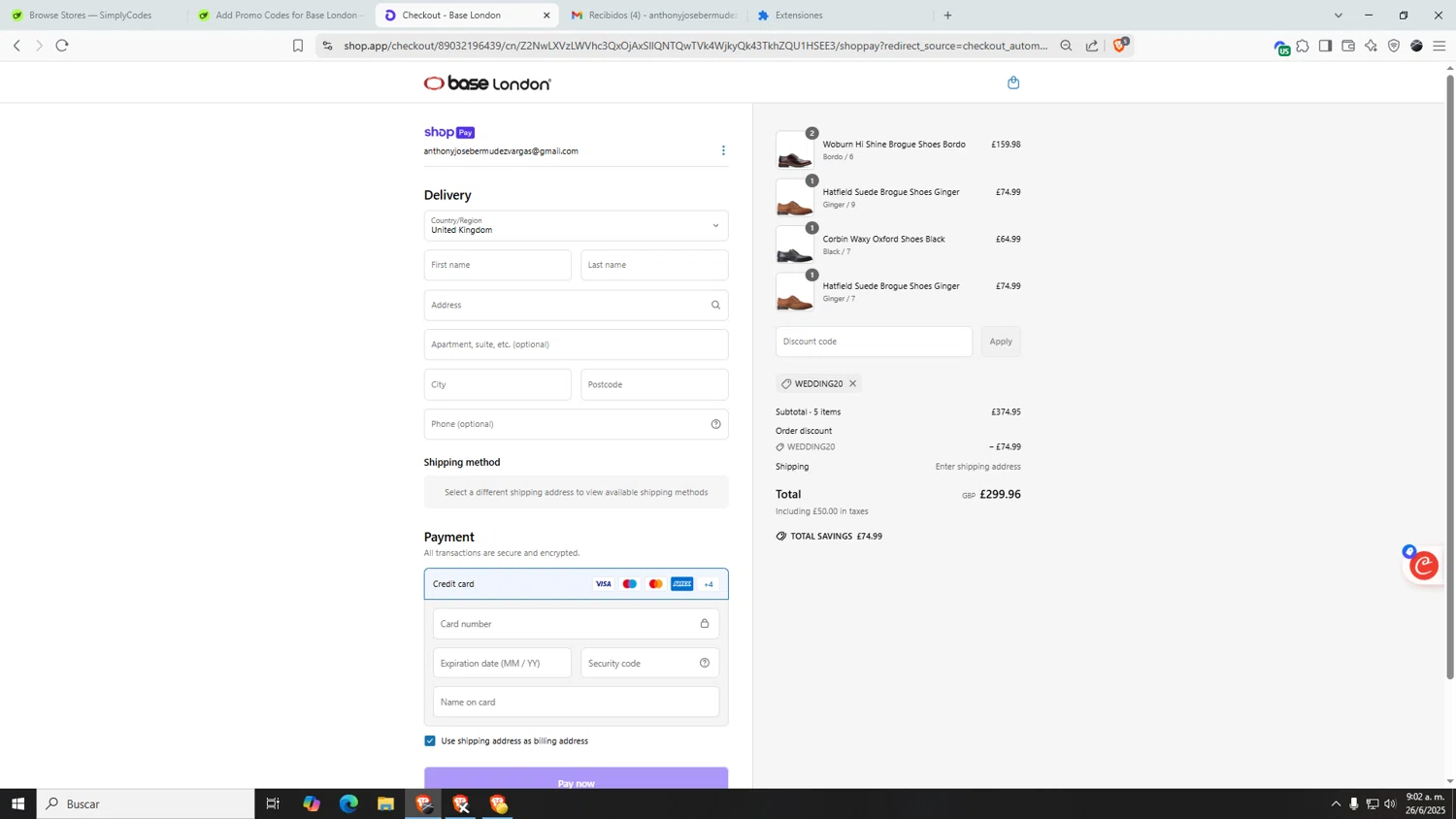 Base London promo code screenshot showing code WEDDING20 applied at Base London checkout page. Uploaded by SimplyCodes community member AnthonyGTX on Jun 26, 2025