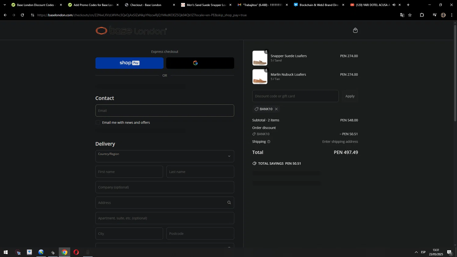 Base London promo code screenshot showing code BANK10 applied at Base London checkout page. Uploaded by SimplyCodes community member MarcosAranguren on May 23, 2025