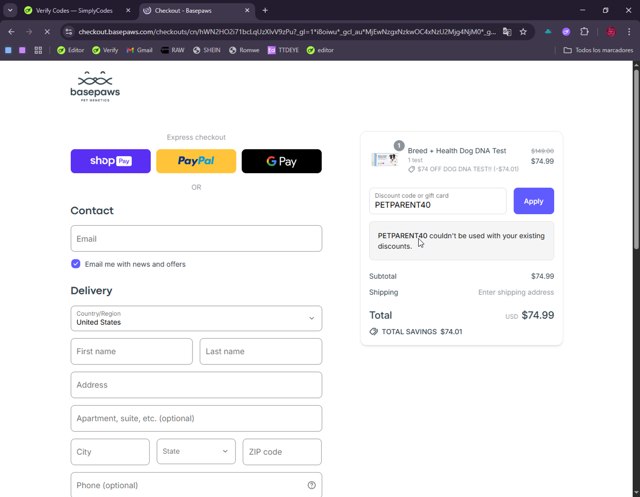 Basepaws checkout page showing Basepaws discount code box | Screenshot taken by SimplyCodes community member on Aug 27, 2025