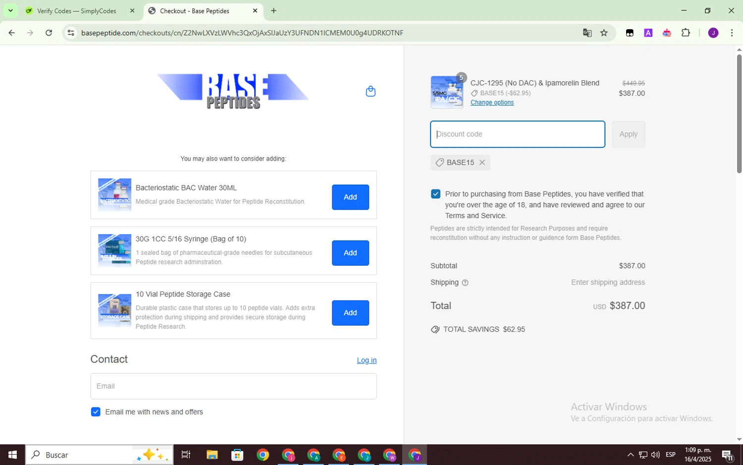 Base Peptides discount code screenshot showing code BASE15 applied at Base Peptides checkout page. Uploaded by SimplyCodes community member SmartWhiz1165 on Apr 16, 2025