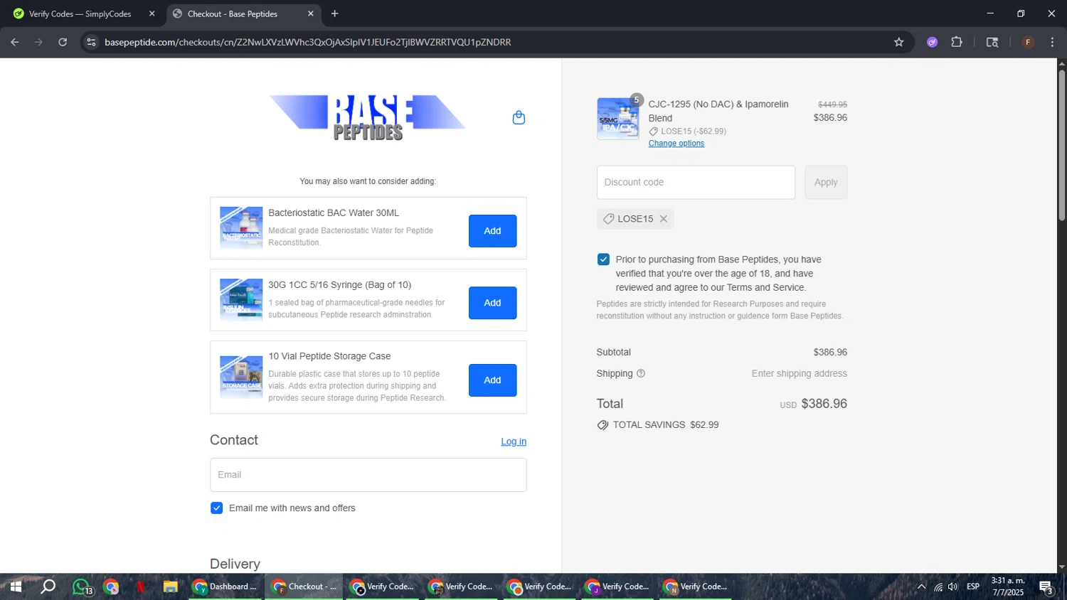 Base Peptides discount code screenshot showing code LOSE15 applied at Base Peptides checkout page. Uploaded by SimplyCodes community member ExtraordinaryHunter3076 on Jul 7, 2025