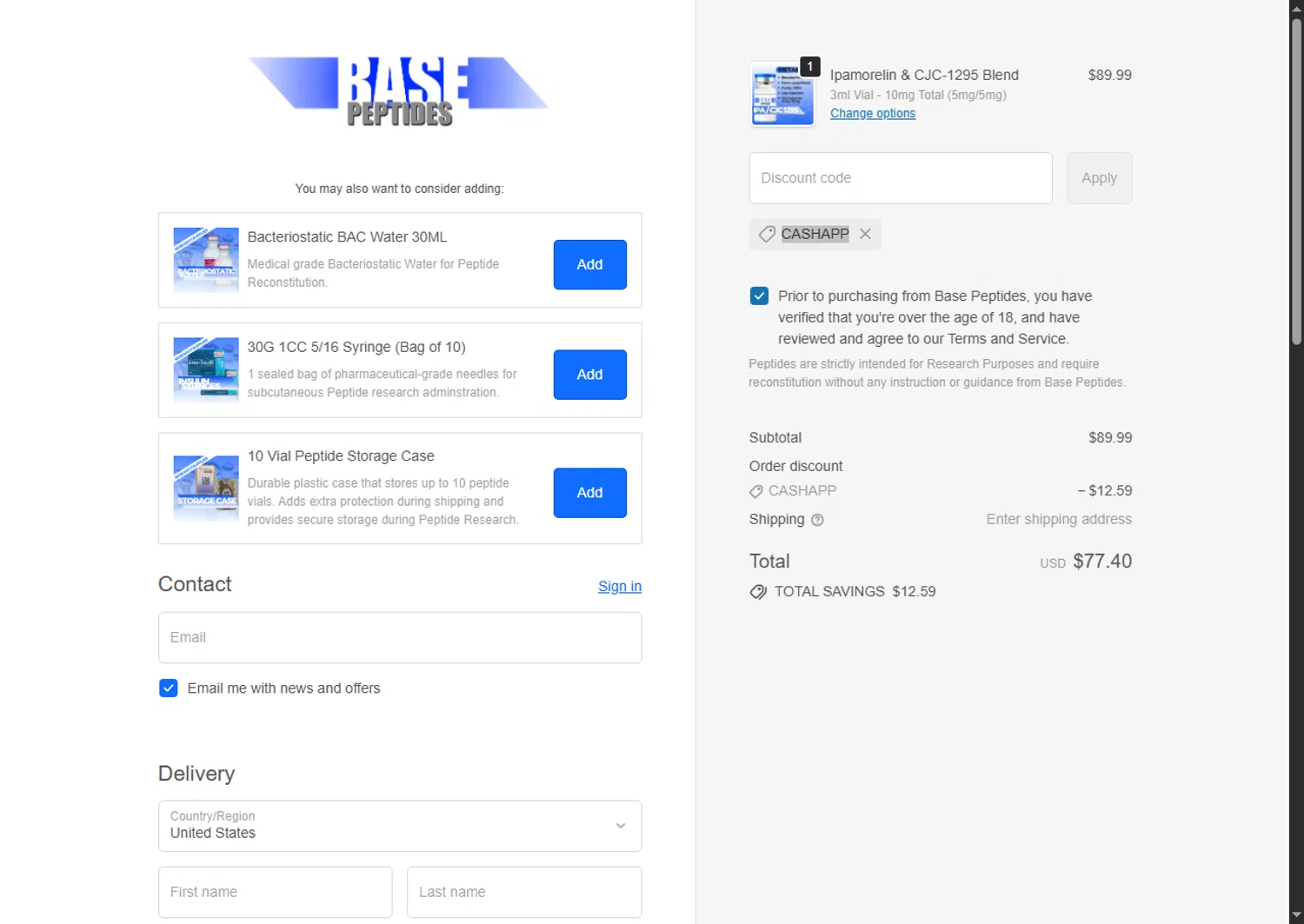 Base Peptides discount code screenshot showing code CASHAPP applied at Base Peptides checkout page. Uploaded by SimplyCodes community member Leannysv7lla on Oct 8, 2025