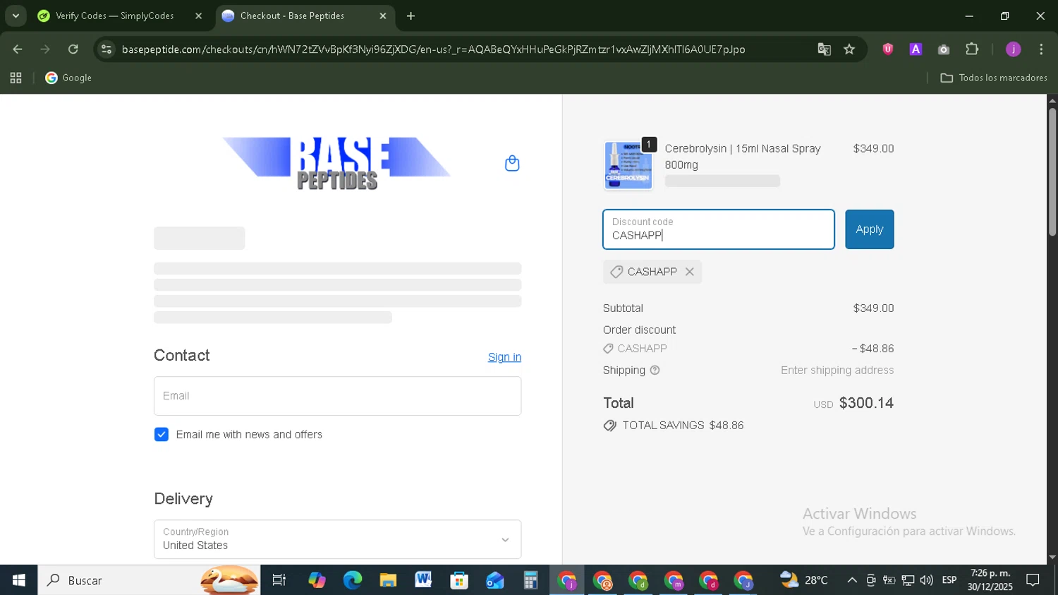Base Peptides discount code screenshot showing code CASHAPP applied at Base Peptides checkout page. Uploaded by SimplyCodes community member Tazbravo on Dec 30, 2025