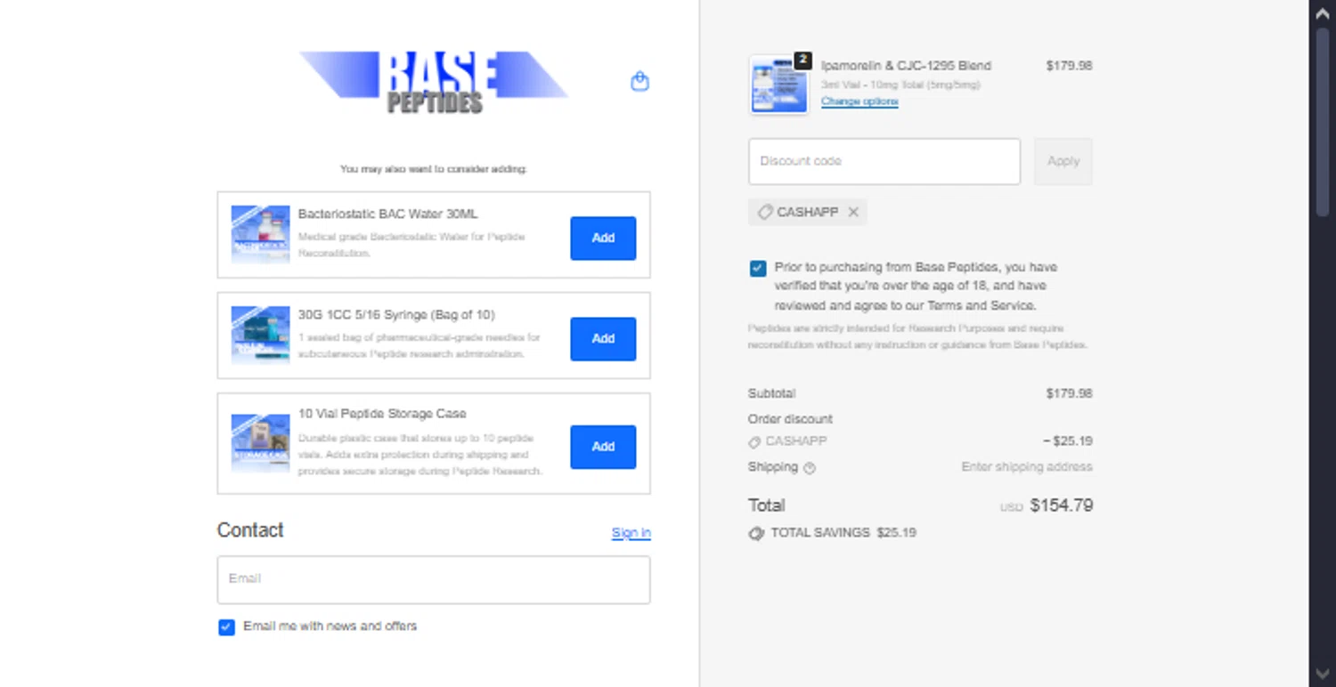 Base Peptides discount code screenshot showing code CASHAPP applied at Base Peptides checkout page. Uploaded by SimplyCodes community member TraxoGamer on Oct 12, 2025