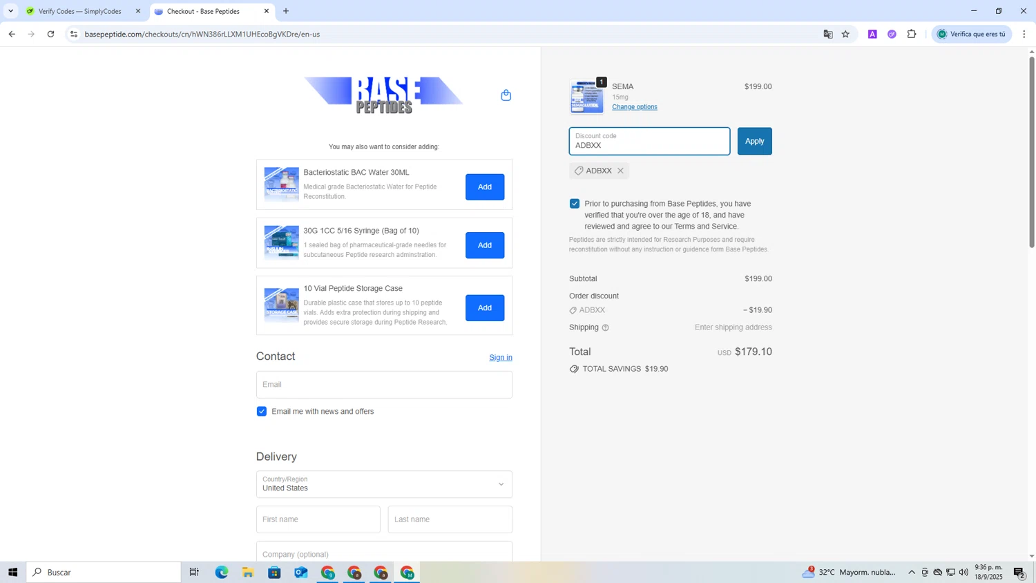 Base Peptides discount code screenshot showing code ADBXX applied at Base Peptides checkout page. Uploaded by SimplyCodes community member CoinCollector8010 on Sep 18, 2025
