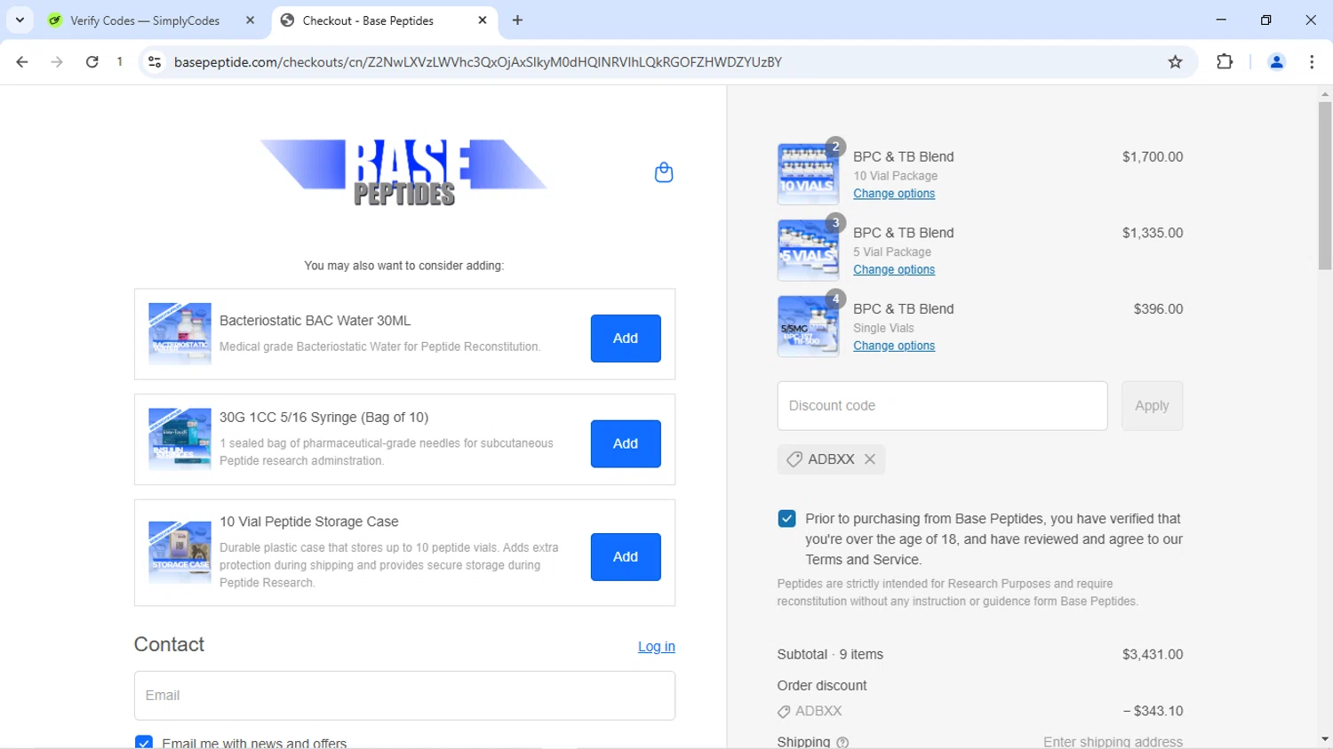 Base Peptides discount code screenshot showing code ADBXX applied at Base Peptides checkout page. Uploaded by SimplyCodes community member Dizlike on Jun 18, 2025