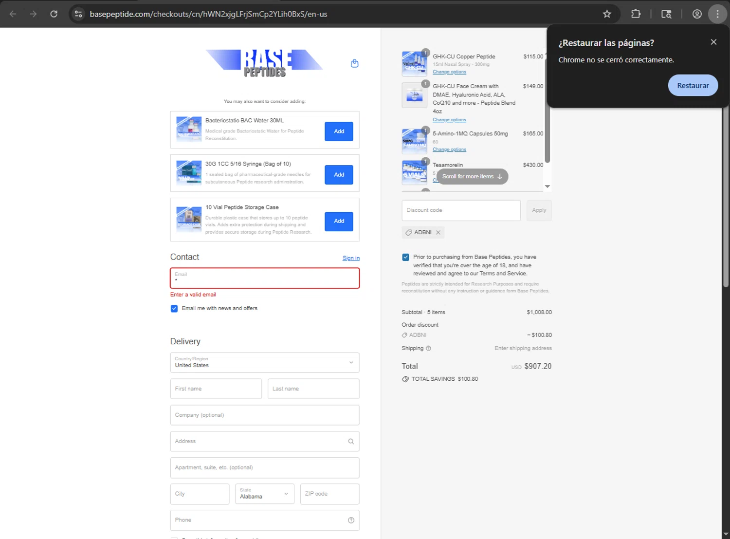 Base Peptides discount code screenshot showing code ADBNI applied at Base Peptides checkout page. Uploaded by SimplyCodes community member Niideamrk on Sep 14, 2025