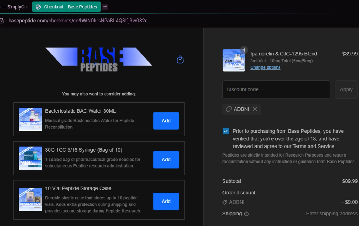 Base Peptides discount code screenshot showing code ADBNI applied at Base Peptides checkout page. Uploaded by SimplyCodes community member chepipi on Jul 16, 2025