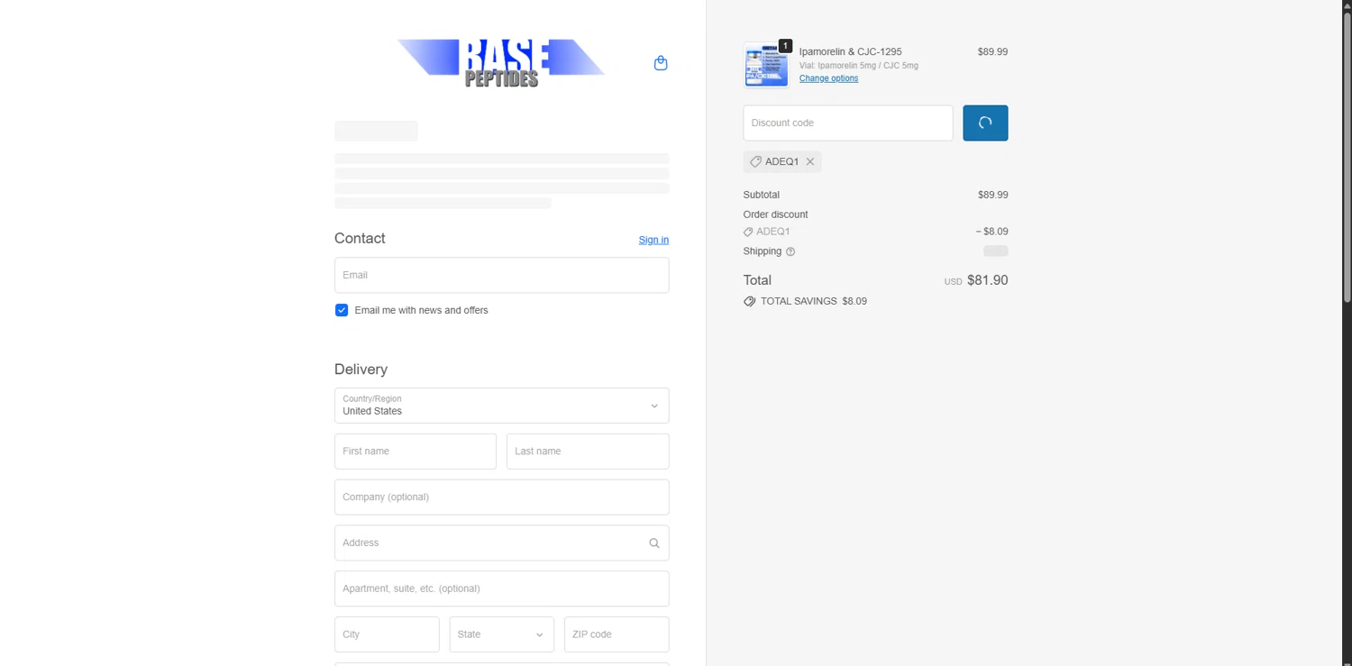 Base Peptides checkout page showing Base Peptides discount code box | Screenshot taken by SimplyCodes community member on Jan 24, 2026