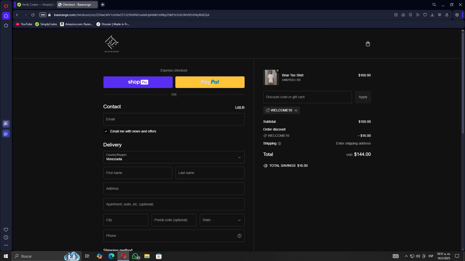 Baserange discount code screenshot showing code WELCOME10 applied at Baserange checkout page. Uploaded by SimplyCodes community member Gojira on Feb 14, 2025