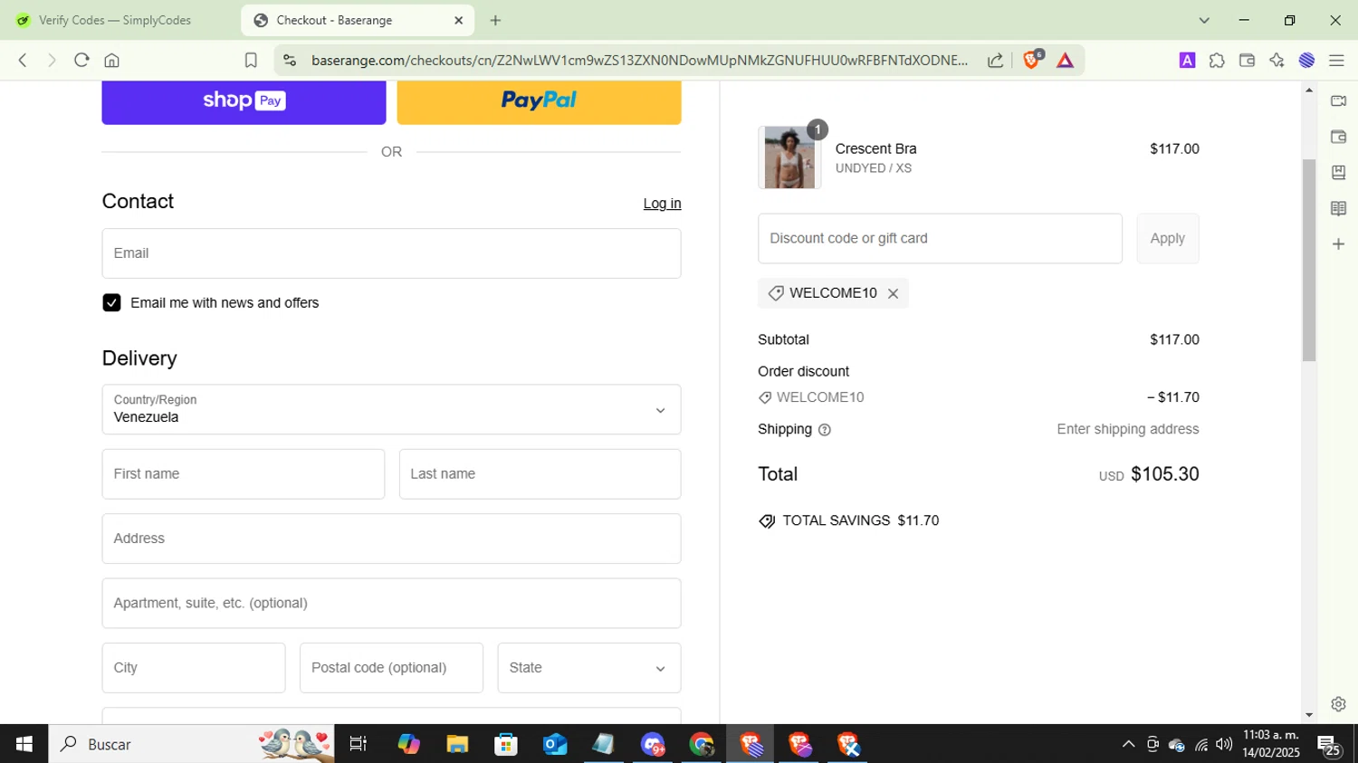 Baserange discount code screenshot showing code WELCOME10 applied at Baserange checkout page. Uploaded by SimplyCodes community member MightyLynx2818 on Feb 14, 2025
