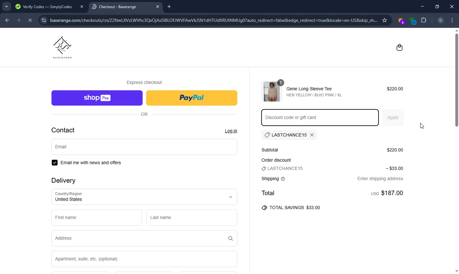 Baserange discount code screenshot showing code lastchance15 applied at Baserange checkout page. Uploaded by SimplyCodes community member BonusFox1297 on Mar 17, 2025