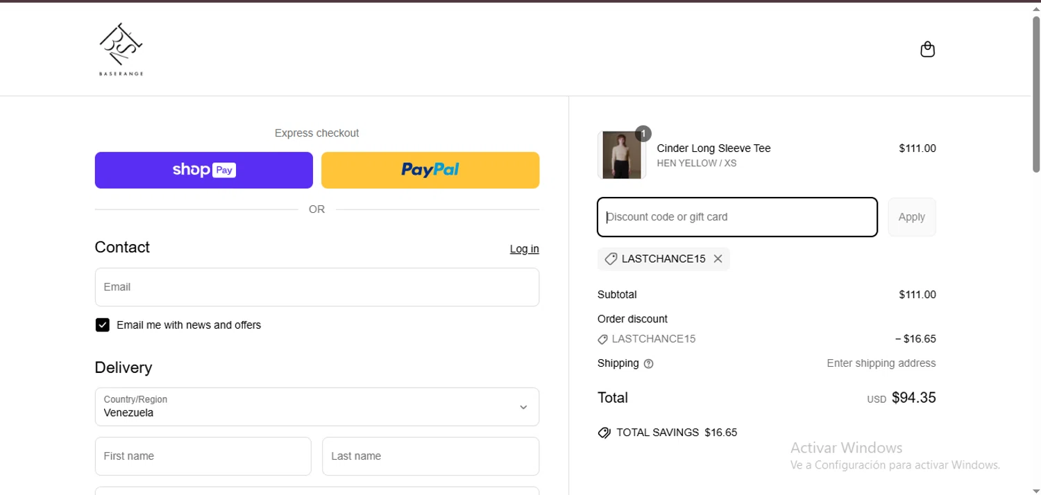 Baserange discount code screenshot showing code lastchance15 applied at Baserange checkout page. Uploaded by SimplyCodes community member FortunateDefender7285 on Mar 23, 2025
