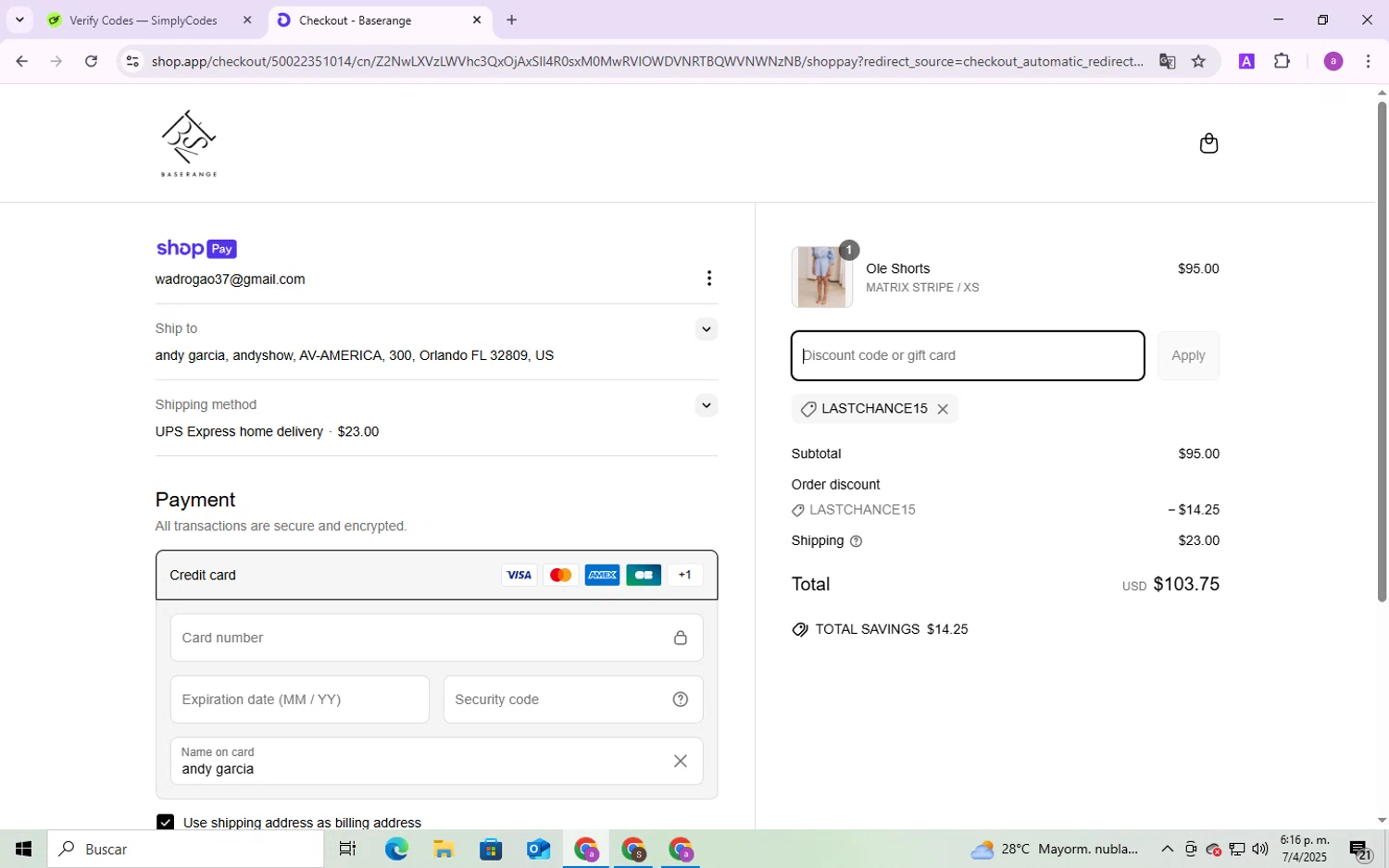 Baserange discount code screenshot showing code lastchance15 applied at Baserange checkout page. Uploaded by SimplyCodes community member CodeMaverick246 on Apr 7, 2025