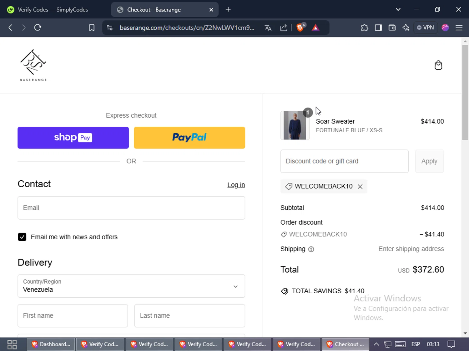 Baserange discount code screenshot showing code welcomeback10 applied at Baserange checkout page. Uploaded by SimplyCodes community member Heibk201 on Feb 3, 2025