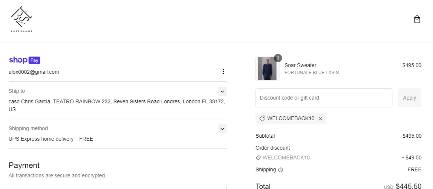 Baserange discount code screenshot showing code welcomeback10 applied at Baserange checkout page. Uploaded by SimplyCodes community member MoneySpotter869 on Jan 25, 2025