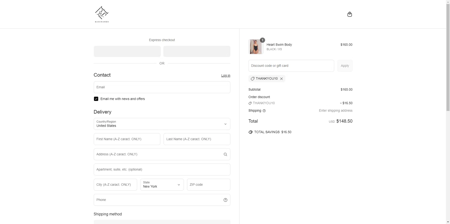 Baserange discount code screenshot showing code THANKYOU10 applied at Baserange checkout page. Uploaded by SimplyCodes community member CleverHawk1744 on May 18, 2025
