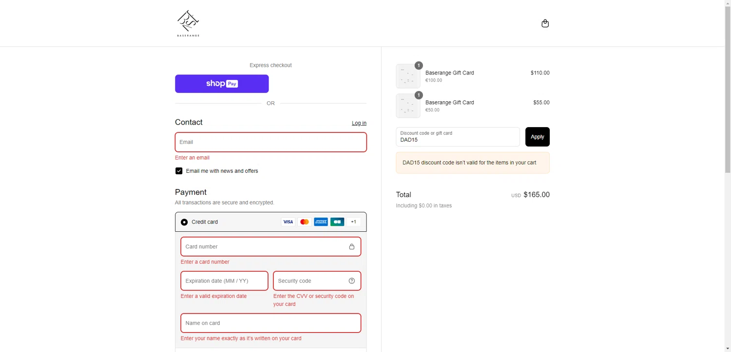 Baserange discount code screenshot showing code DAD15 applied at Baserange checkout page. Uploaded by SimplyCodes community member CashSentinel5495 on Aug 19, 2025