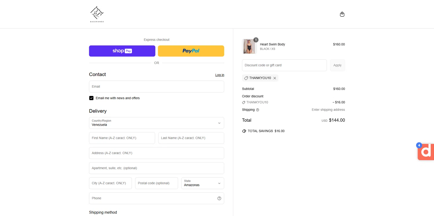 Baserange discount code screenshot showing code THANKYOU10 applied at Baserange checkout page. Uploaded by SimplyCodes community member Dorothy on May 18, 2025