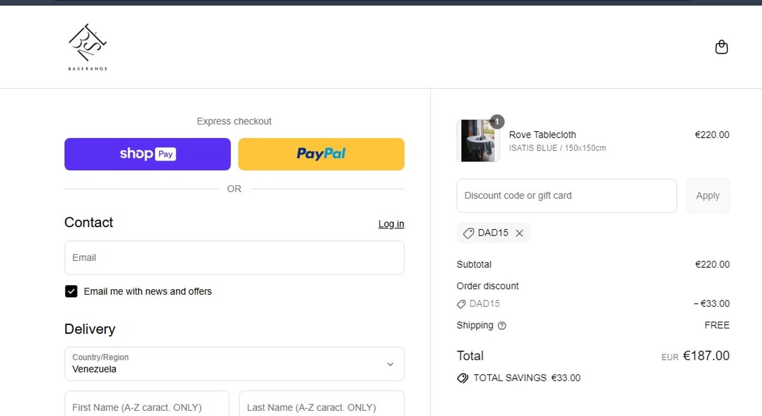 Baserange discount code screenshot showing code DAD15 applied at Baserange checkout page. Uploaded by SimplyCodes community member angelfigueroa2008 on Aug 19, 2025