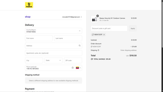 Baseus checkout page showing Baseus promo code box | Screenshot taken by SimplyCodes community member on Aug 31, 2025
