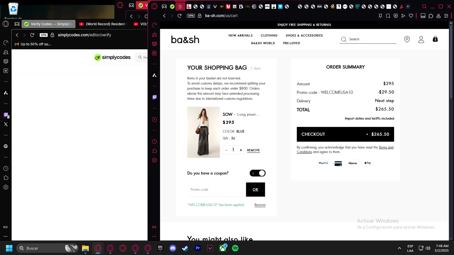 Ba&sh promo code screenshot showing code WELCOMEUSA10 applied at Ba&sh checkout page. Uploaded by SimplyCodes community member Billyyou on May 2, 2025