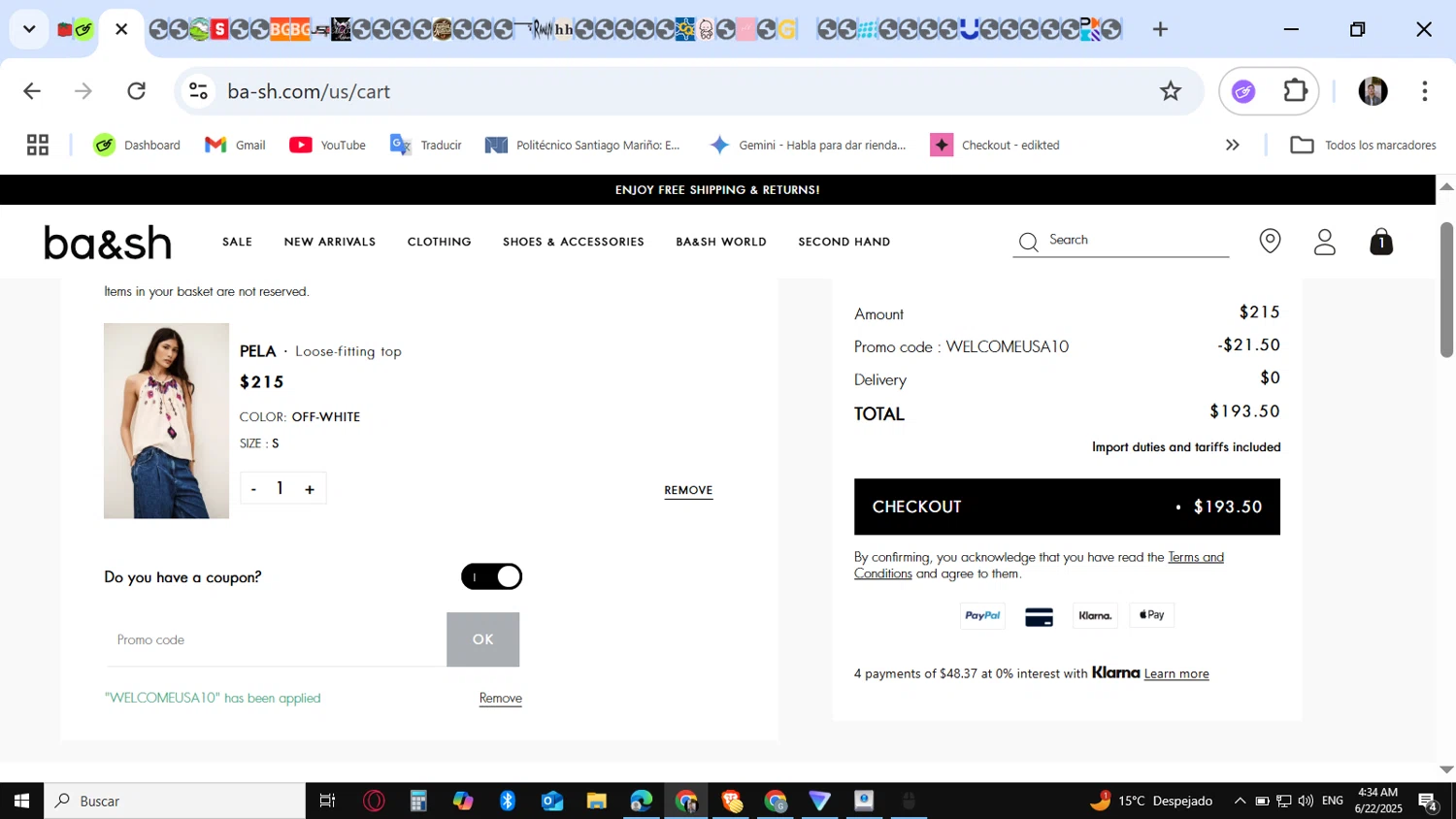Ba&sh promo code screenshot showing code WELCOMEUSA10 applied at Ba&sh checkout page. Uploaded by SimplyCodes community member KataldoMustafack on Jun 22, 2025