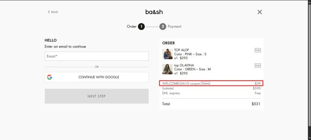 Ba&sh checkout page showing Ba&sh promo code box | Screenshot taken by SimplyCodes community member on Aug 1, 2025