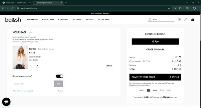 Ba&sh checkout page showing Ba&sh promo code box | Screenshot taken by SimplyCodes community member on Sep 1, 2025