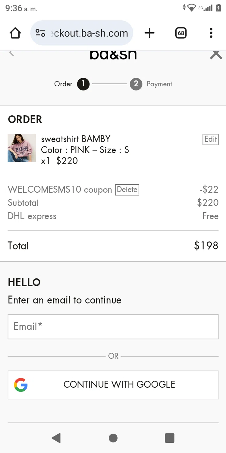 Ba&sh promo code screenshot showing code WELCOMESMS10 applied at Ba&sh checkout page. Uploaded by SimplyCodes community member SavingsLegend7908 on Jun 24, 2025
