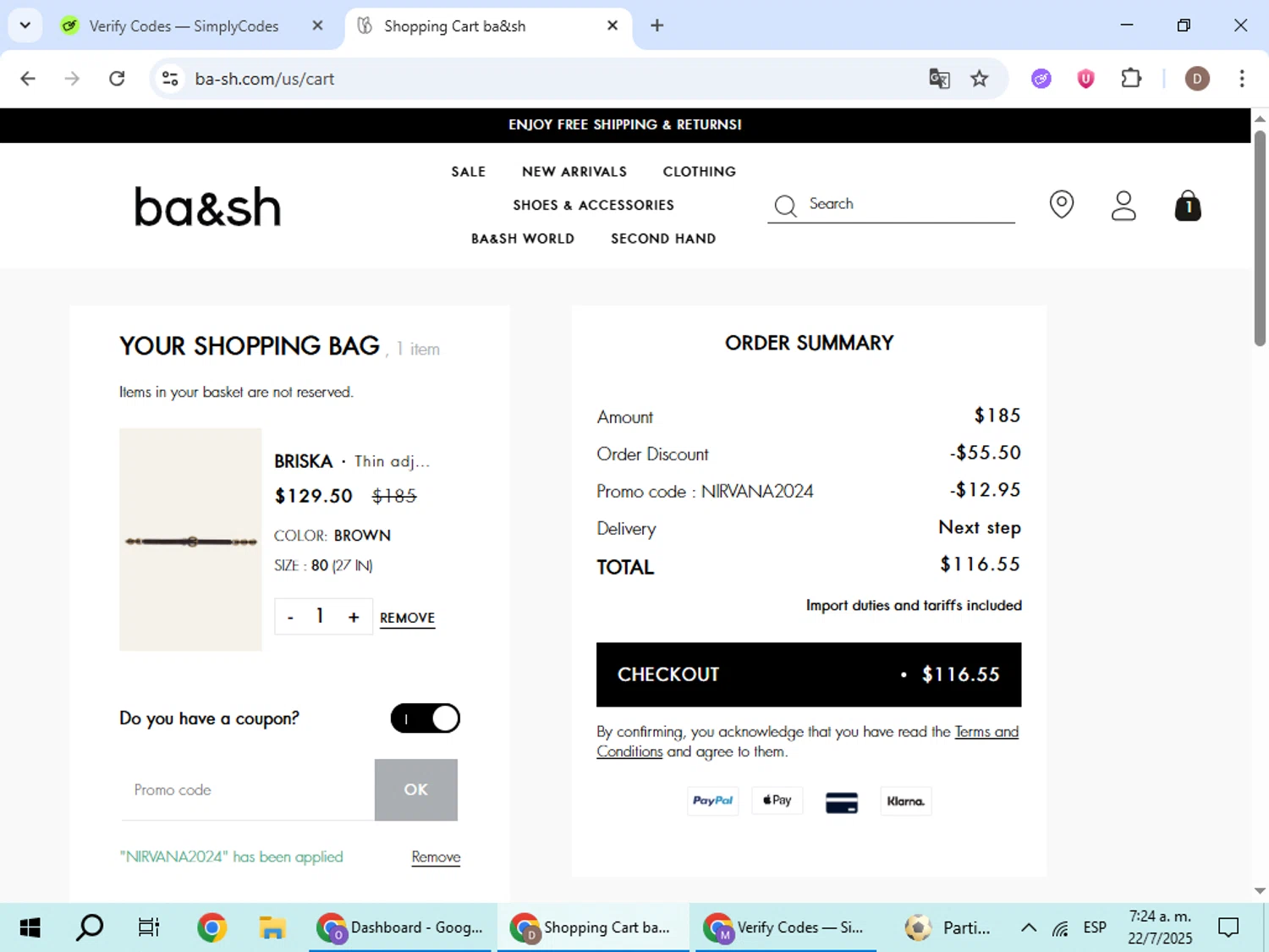 Ba&sh promo code screenshot showing code NIRVANA2024 applied at Ba&sh checkout page. Uploaded by SimplyCodes community member BrilliantWizard8884 on Jul 22, 2025