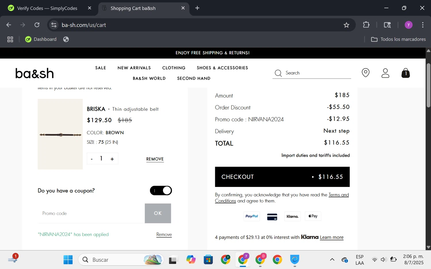 Ba&sh promo code screenshot showing code NIRVANA2024 applied at Ba&sh checkout page. Uploaded by SimplyCodes community member FrugalKnight6753 on Jul 8, 2025