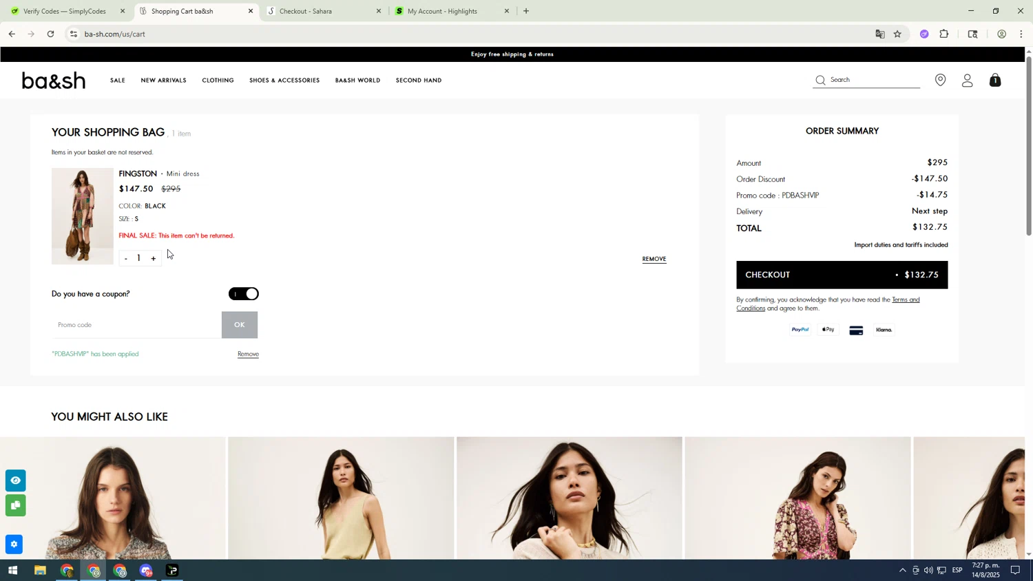 Ba&sh promo code screenshot showing code PDBASHVIP applied at Ba&sh checkout page. Uploaded by SimplyCodes community member GloriousHufghnter5044sdgfg on Aug 14, 2025