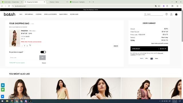 Ba&sh checkout page showing Ba&sh promo code box | Screenshot taken by SimplyCodes community member on Aug 14, 2025