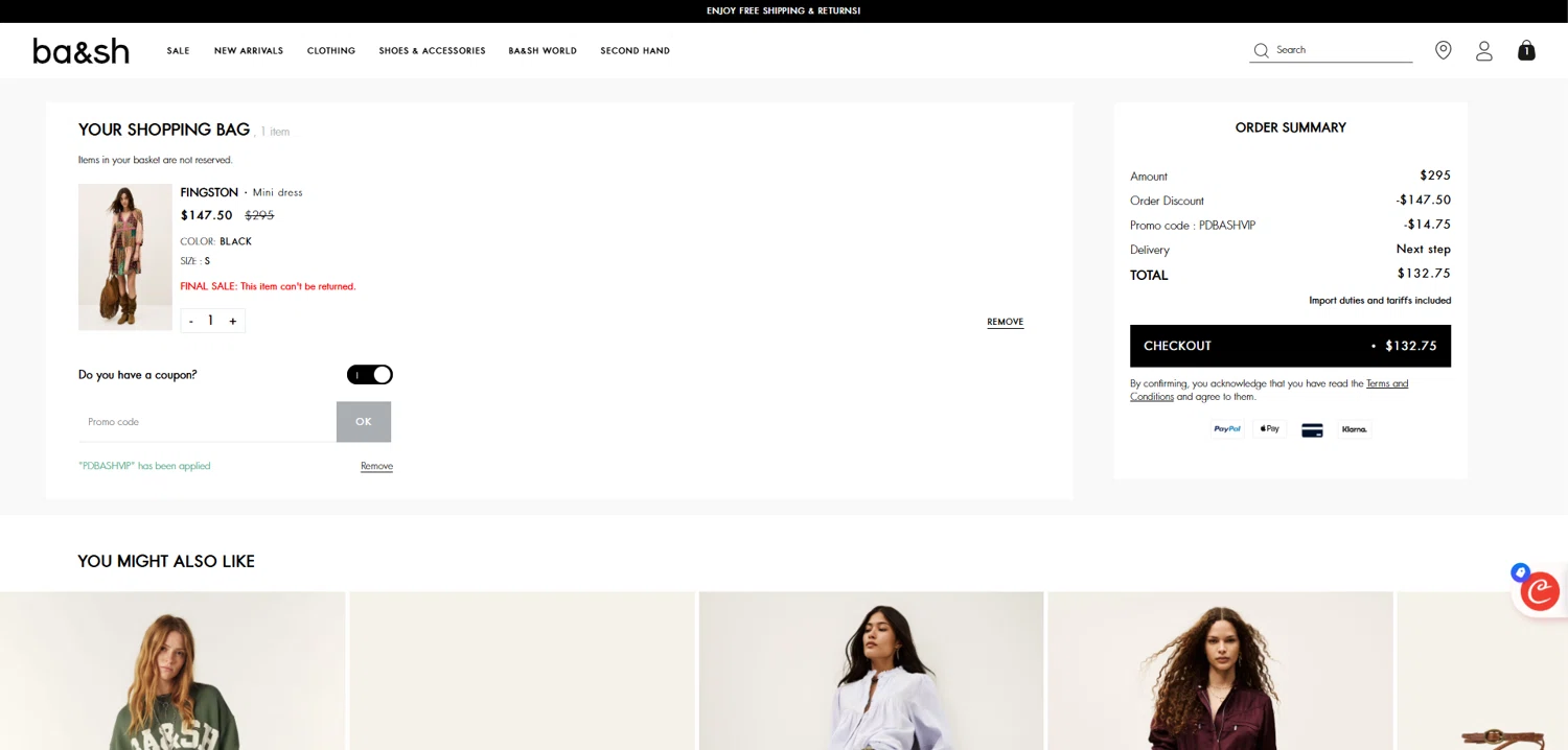 Ba&sh promo code screenshot showing code PDBASHVIP applied at Ba&sh checkout page. Uploaded by SimplyCodes community member Dorothy on Jul 16, 2025