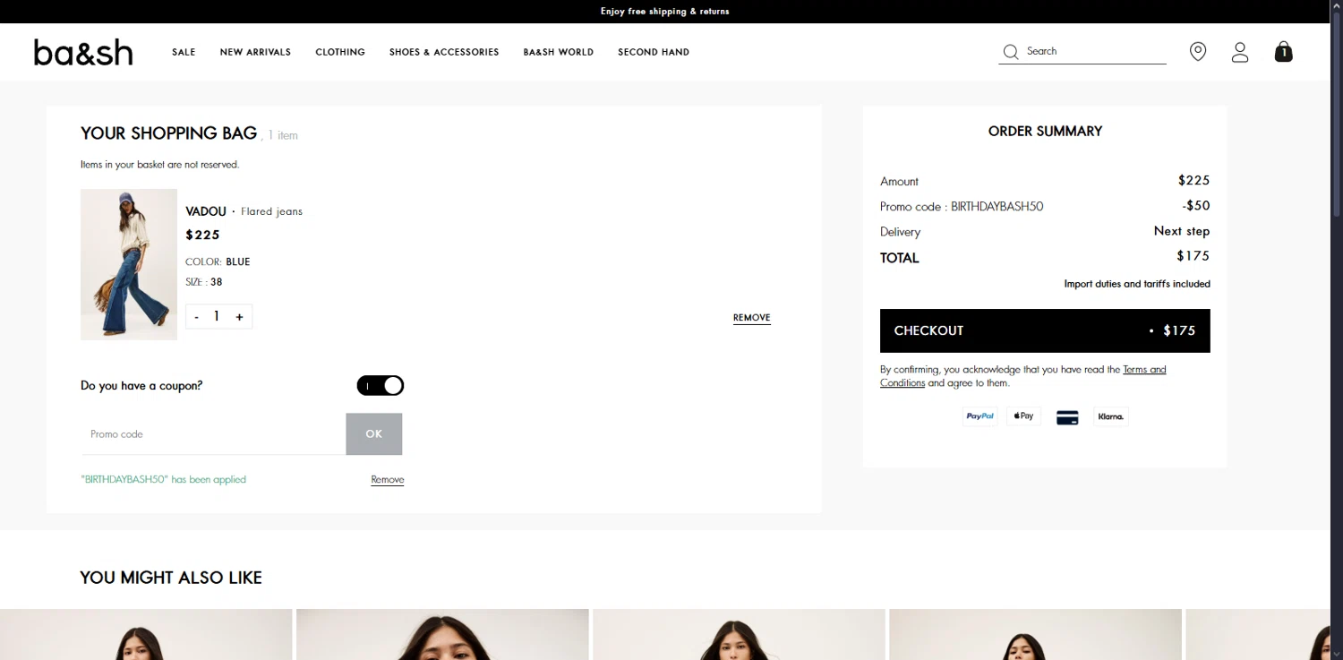 Ba&sh promo code screenshot showing code BIRTHDAYBASH50 applied at Ba&sh checkout page. Uploaded by SimplyCodes community member Serdanvz on Aug 16, 2025
