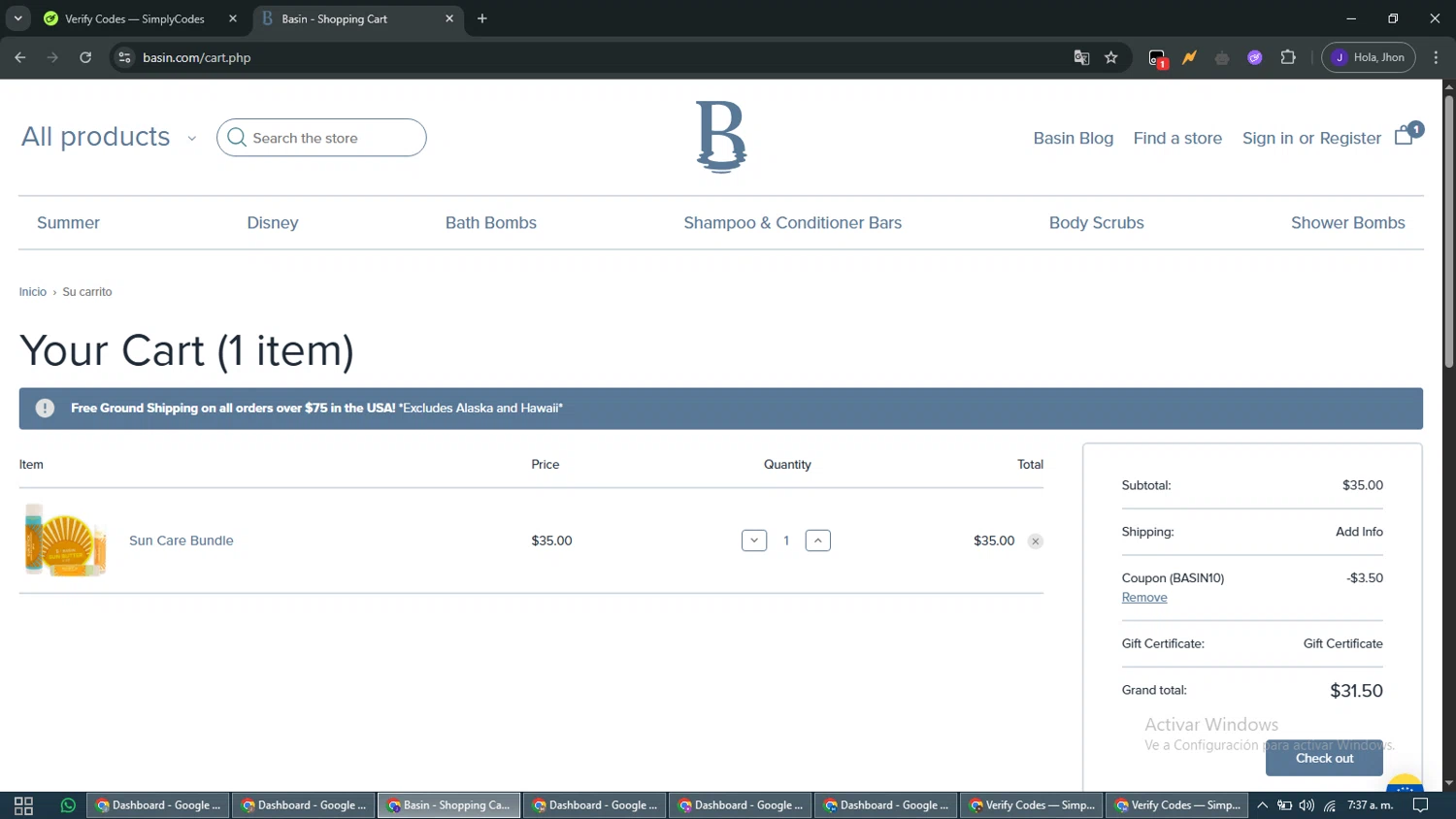 Basin promo code screenshot showing code BASIN10 applied at Basin checkout page. Uploaded by SimplyCodes community member WiseMaven9968 on May 17, 2025